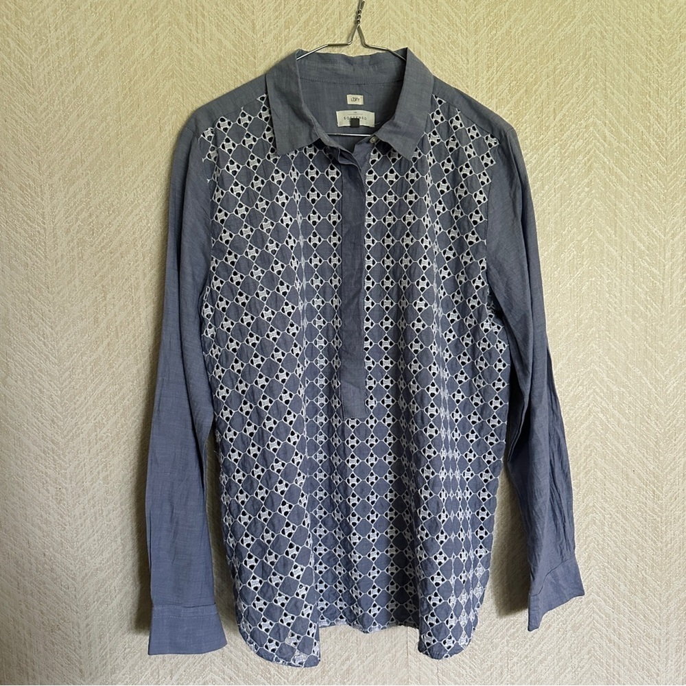 Loft Blue Cotton Eyelet Laced Button Down Top Large